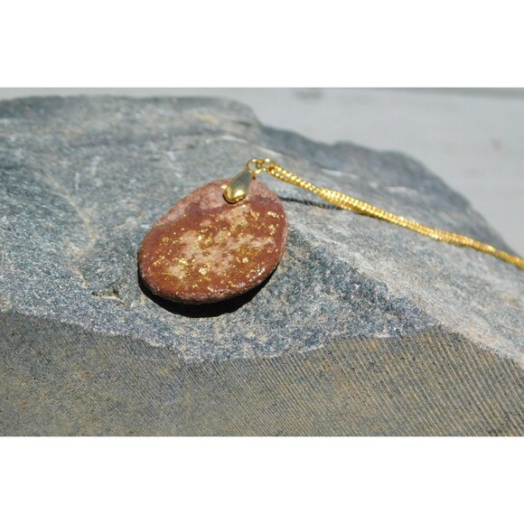 Gold Flecked Resin on Flat Brown Stone Necklace - Picture 4 of 10